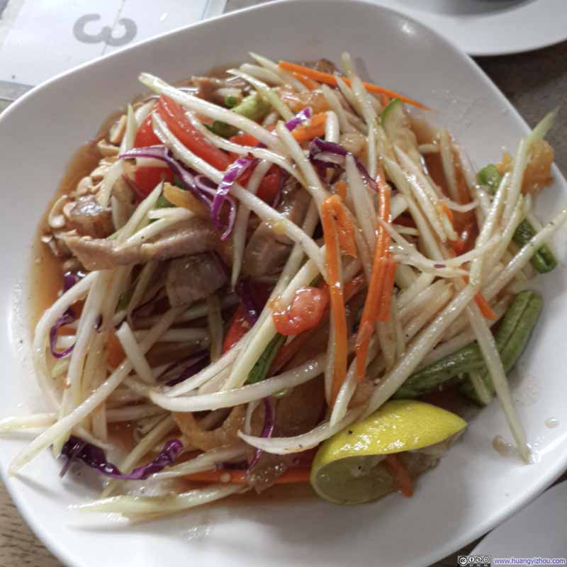 中午找了一家当地餐馆吃饭，不是特别懂英语的服务员把这个叫做Thai Salad。结论是：叫Thai因为里面掺了一种泰国特有的辣酱，叫Salad因为其他部分都是由蔬菜构成的。对于我这种不太吃辣的人，呵呵了。